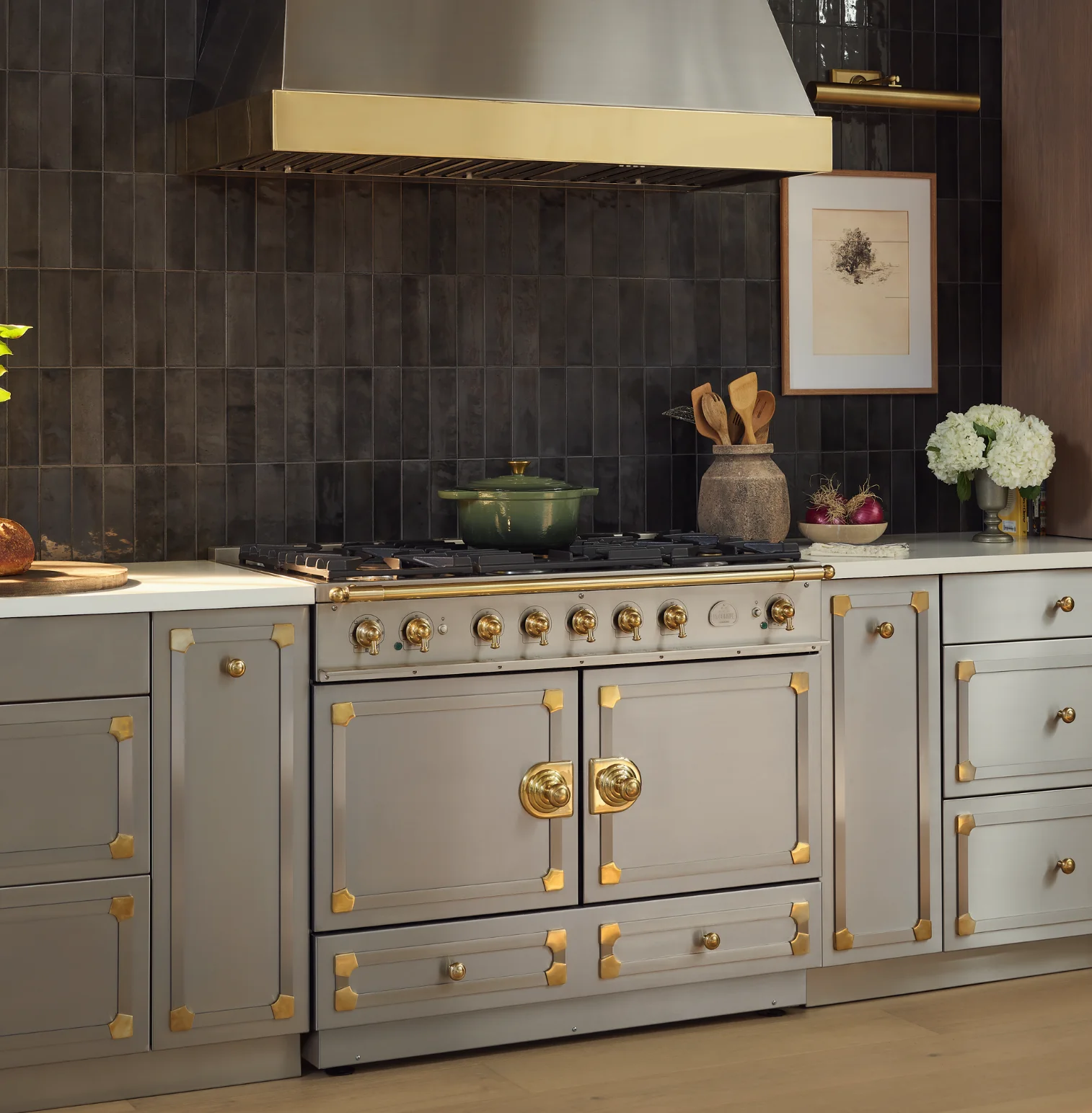 La Cornue Cornufe range in a kitchen with dark tile backsplash