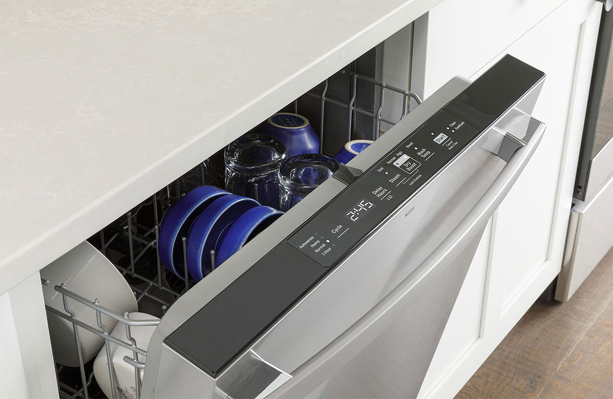 Partially Open Stainless Steel GE Dishwasher