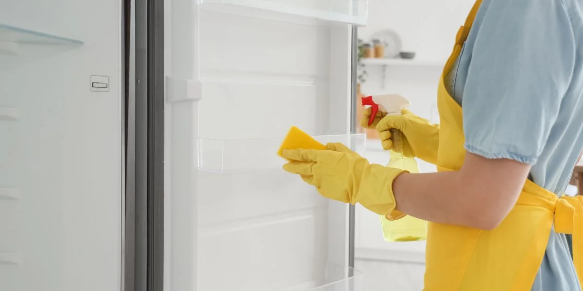 A person cleaning the interior of a refrigerator.
