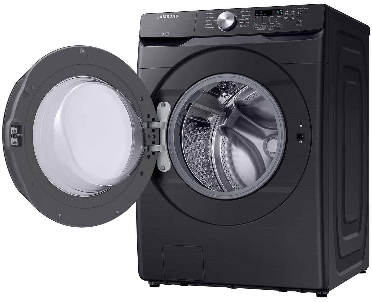 Angle view of open washer door.