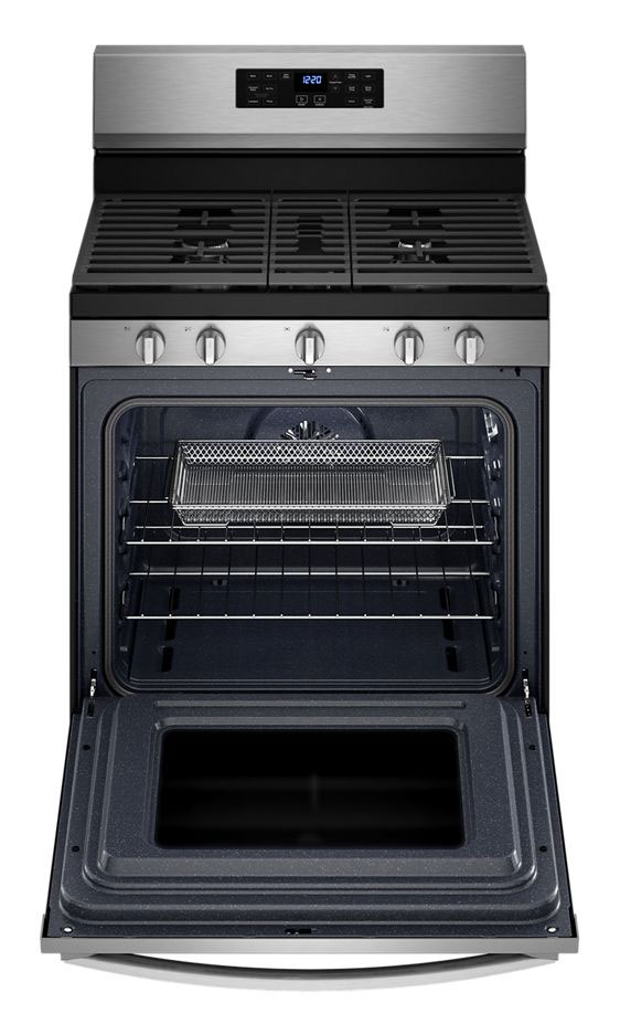 Gas range with oven open and air fry basket
