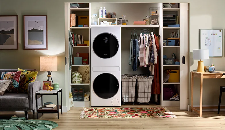 shot of a close with a stacked washer and dryer set from Whirlpool