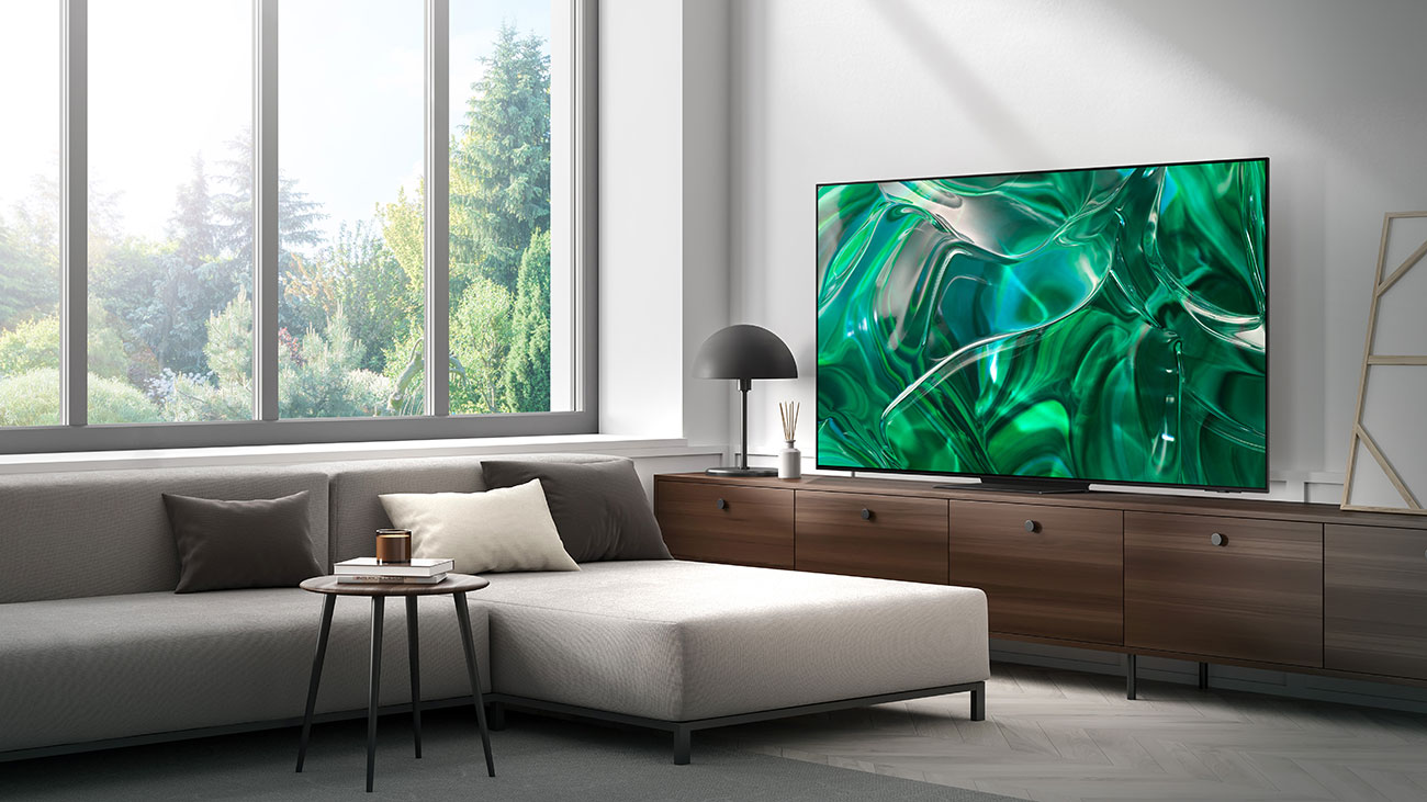 Samsung 77 Inch 4K OLED TV on a Brown Wall Cabinet in a Living Room
