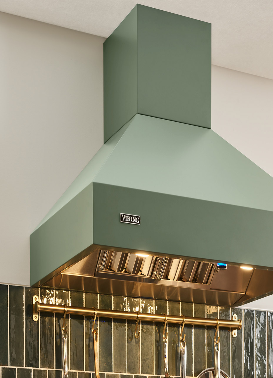 Close up detailed shot on a green viking range ventilation hood