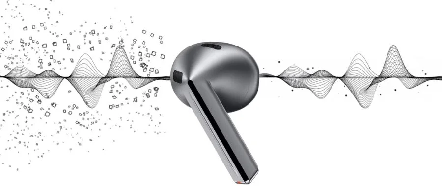 dark silver Samsung earbud on white background