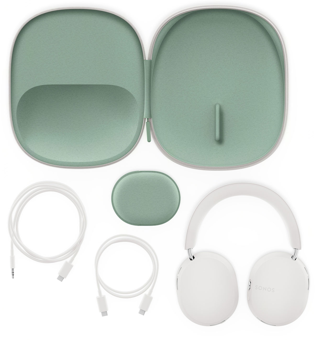 Top View of Sonos Noise Cancelling Headphones 
with Case and Accessories