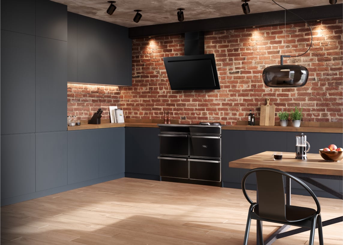 AGA kitchen featuring exposed beams and classic range with hanging lights
