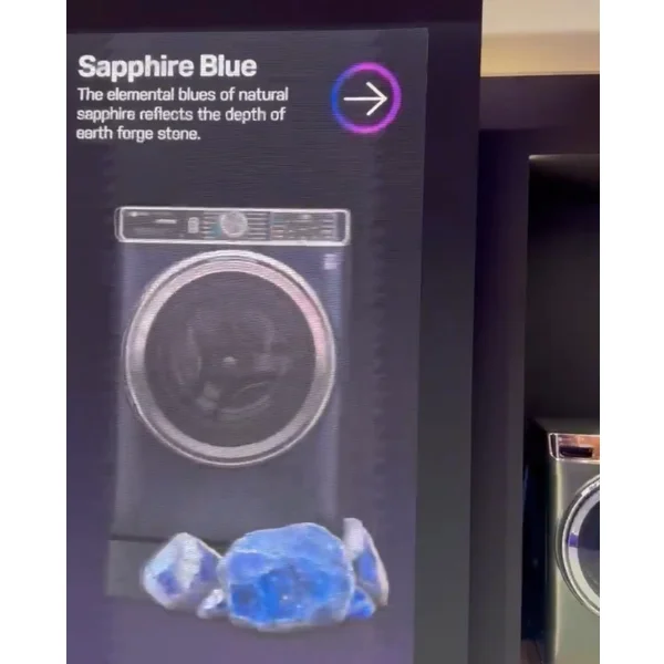 A KBIS 2025 display featuring an overview of the GE Profile Sapphire Blue appliance finish.