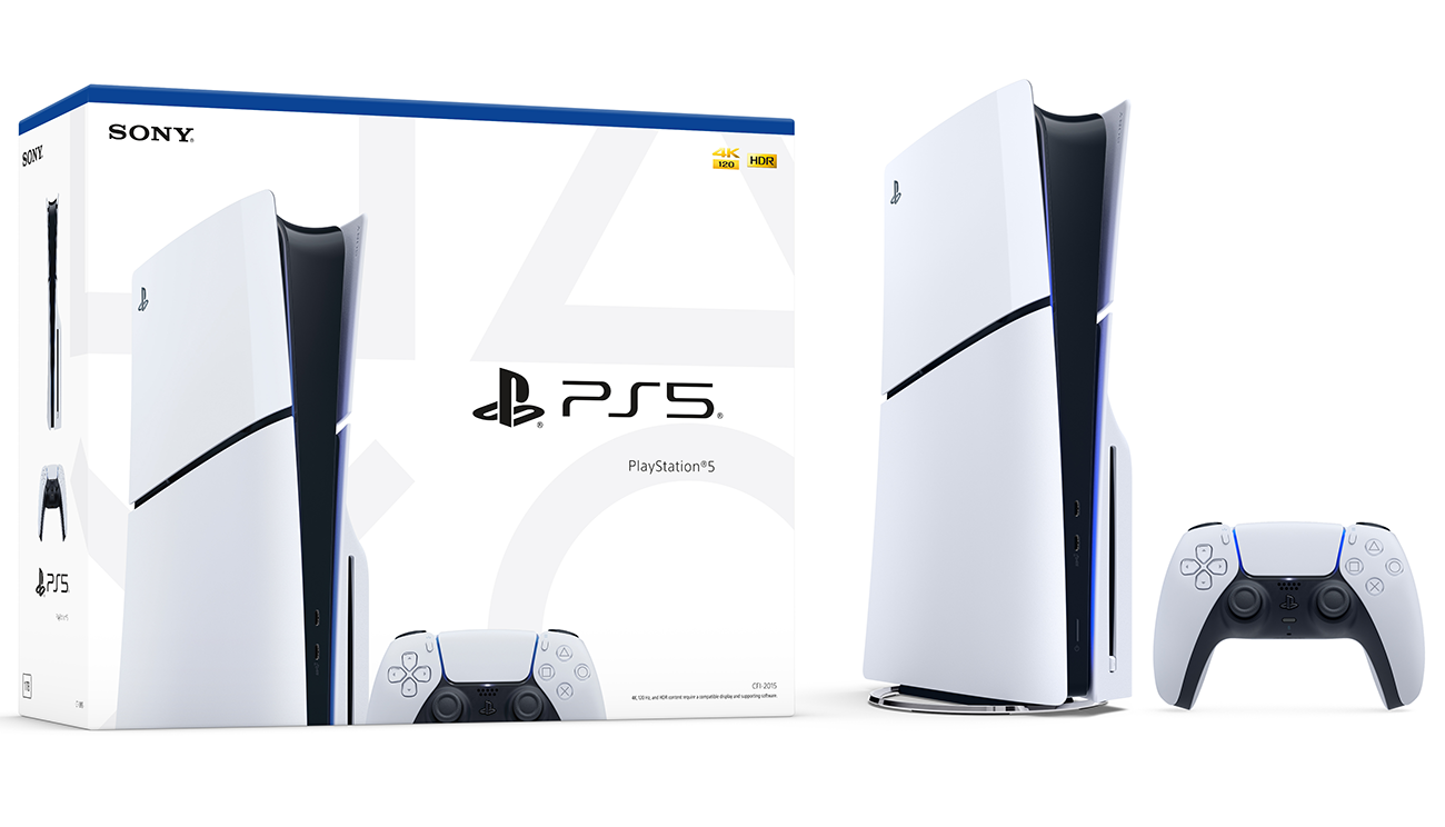 Front Left View of Sony PlayStation 5 PS5 Next to Packaging Box