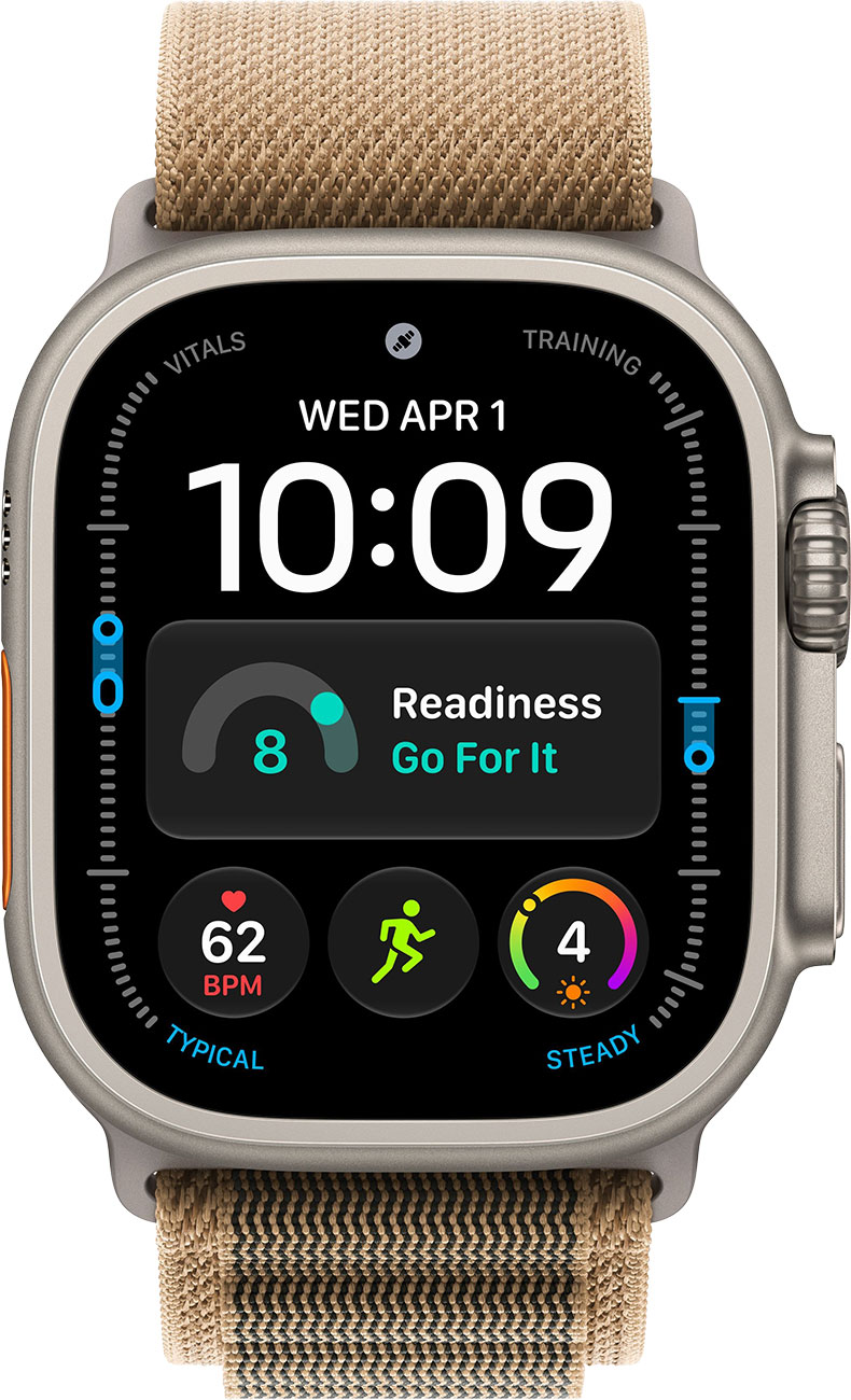 Front View of Apple Watch  in Natural Titanium Case with M Desert Alpine Loop