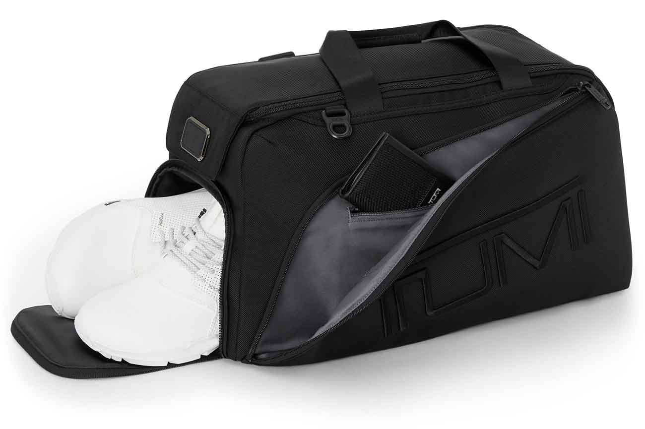 View of TUMI Golf Duffel with shoe compartment in use