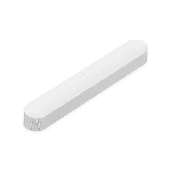 45-degree view of white Sonos Beam soundbar on a white background.