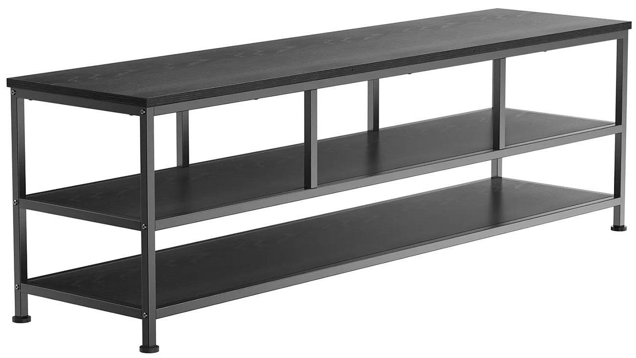 Dynamic View Of The ErgoAV Large TV Stand 63-Inch with Metal Frame In Black Finish