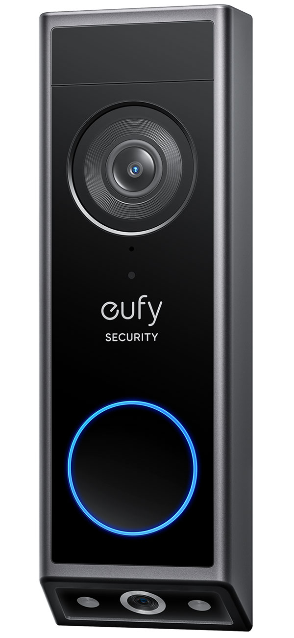 Dynamic view of the Eufy Security E340 2K HD video doorbell in black finish