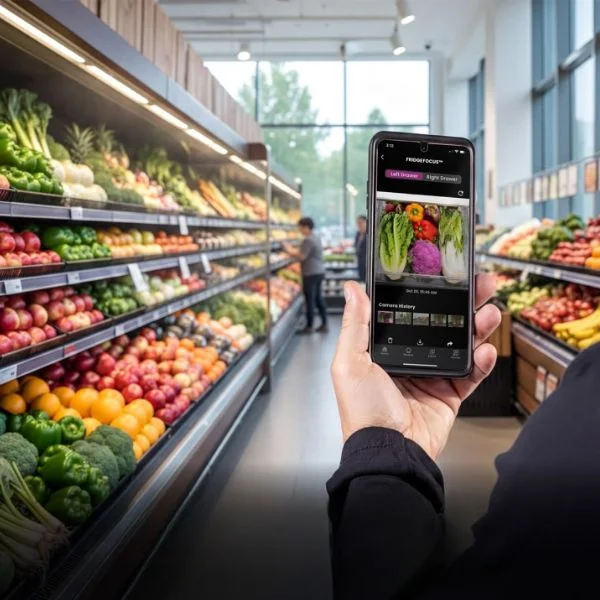 A person accessing the FridgeFocus camera from the SmartHQ app in the produce aisle of a store.