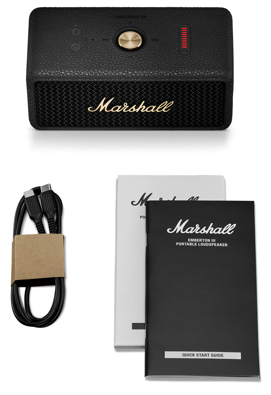 Top Angled View of Marshall Portable Bluetooth Speaker and Accessories