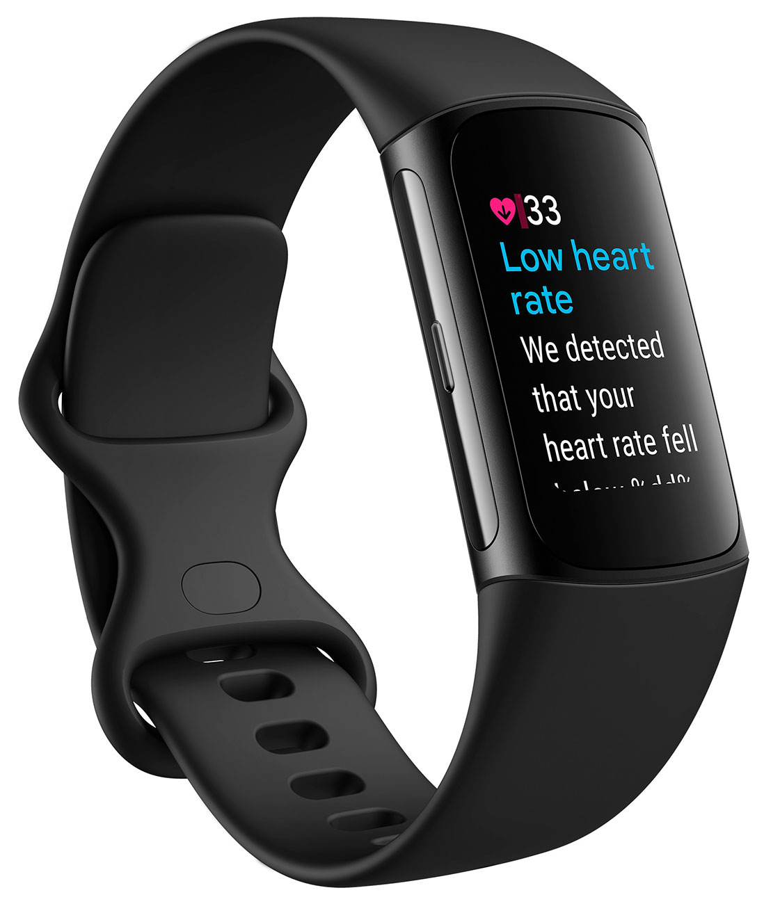 Dynamic front view of the Fitbit Charge 6 fitness tracker in obsidian/black finish (left side)
