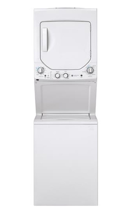 Front of stacked washer and dryer in White.