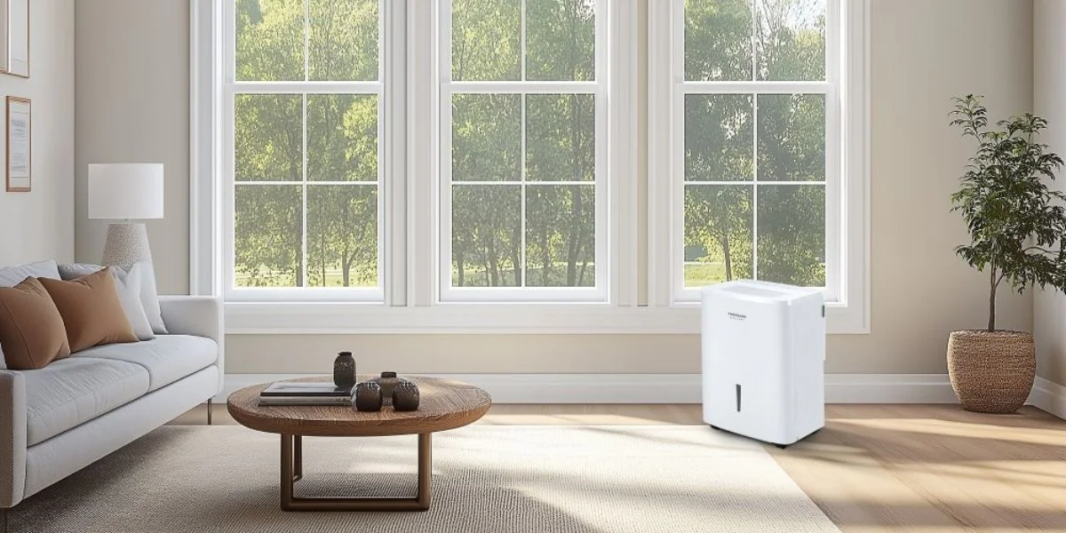 An air purifier sitting on the floor in a living room.