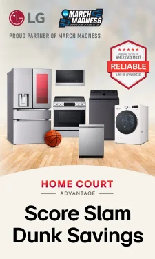Stylized baner with the lg logo in the top left of the image and a collage of various LG Appliances showcasing the bundle and save of the rebate