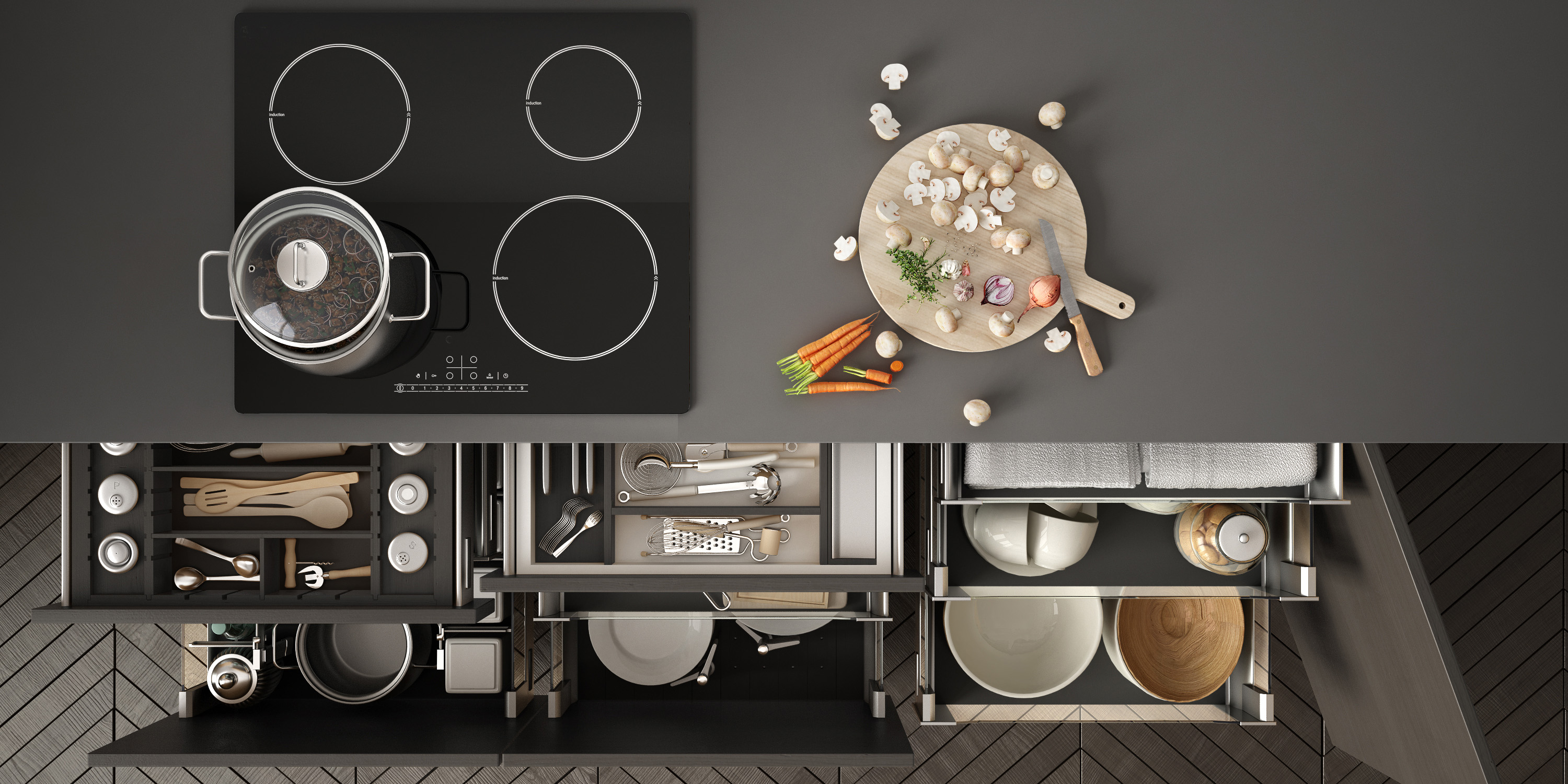 A small kitchen's deep drawers open for organizing all kinds of cookware