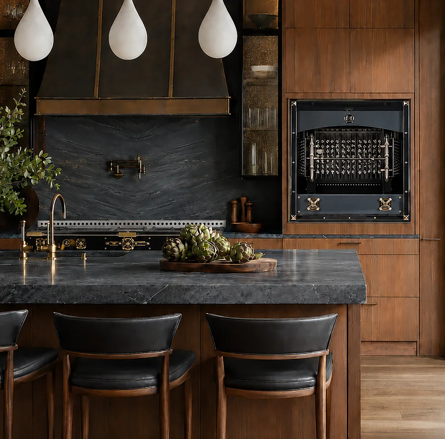 La Cornue Flamberge rotisserie built into a dark wood kitchen with marble island