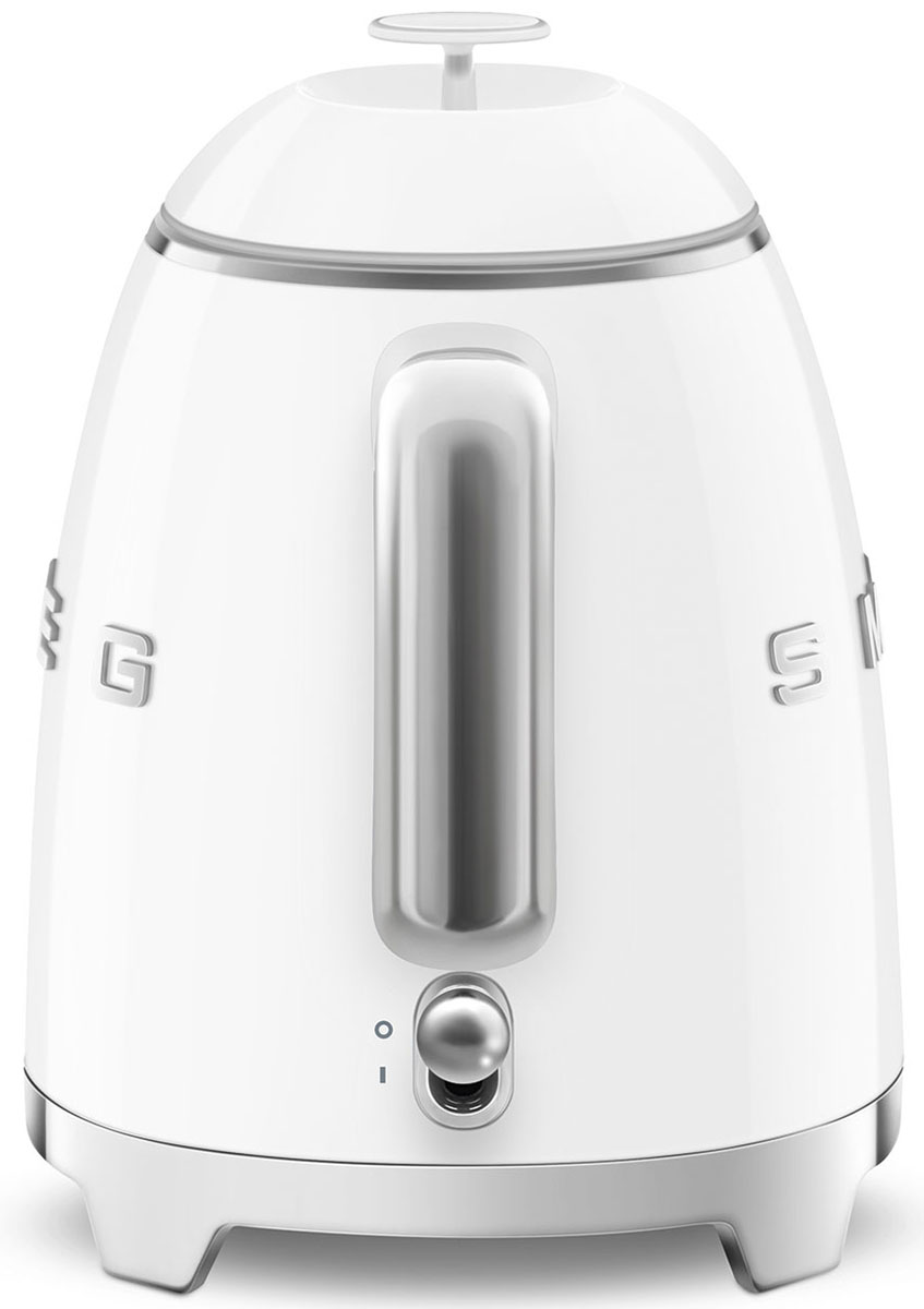 Back image of Smeg 50s Retro Style White 27 Oz. Electric Kettle showing handle and lever