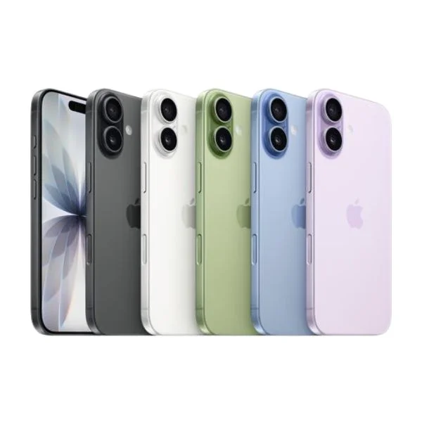 iPhone 17 phones side-by-side showing the black, white, green, blue and lavender color options.