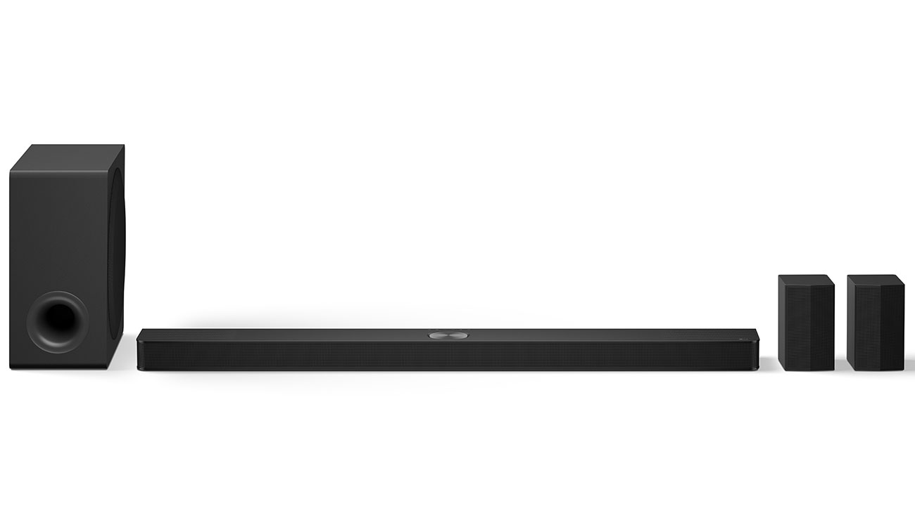 Front View of LG Soundbar with Subwoofer, and Rear Speakers