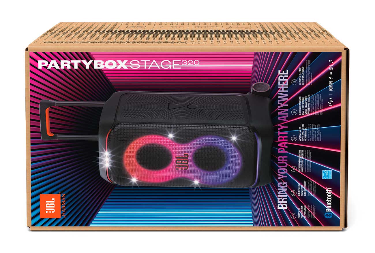Front view of PartyBox Stage 320 Speaker Packaging