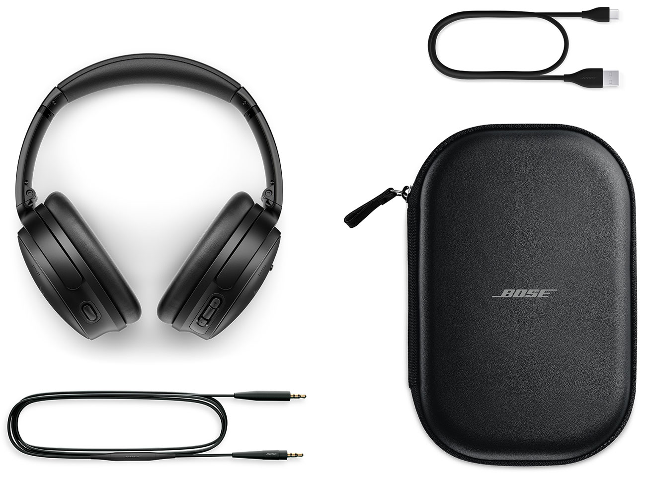 Front view of the headphones and accessories