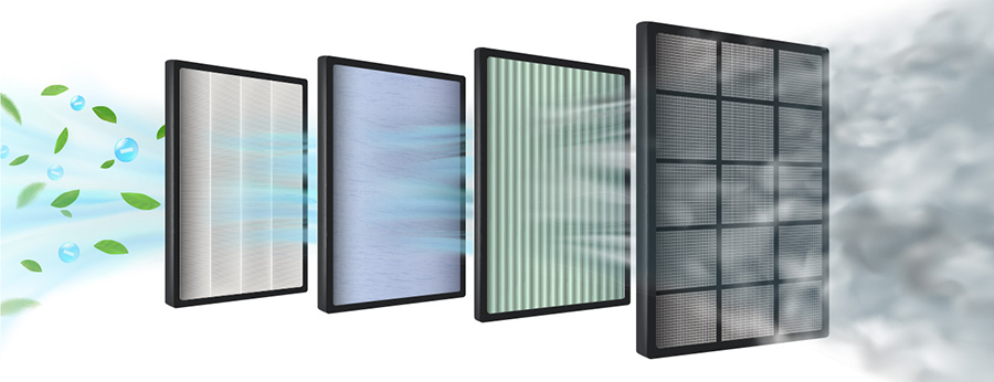 4 air filters showing different particles and graphics of smoke