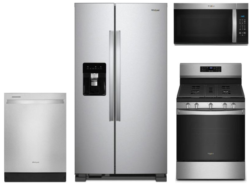 Front view of refrigerator, range, dishwasher, and microhood appliance package