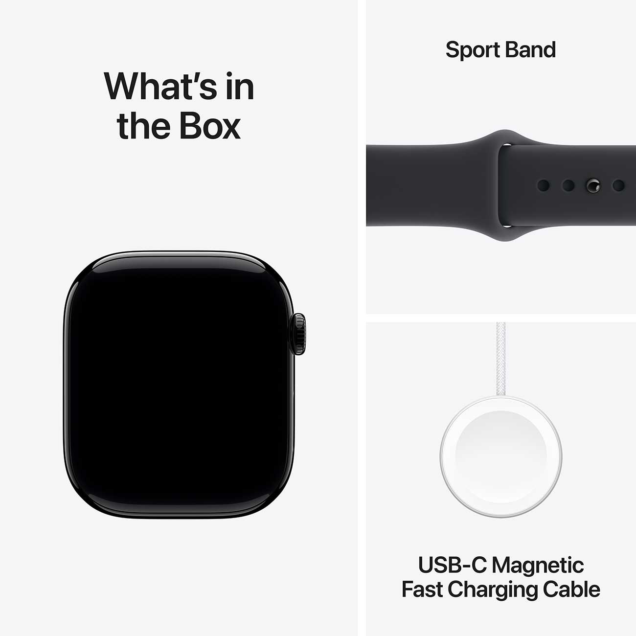 Apple Watch Series 11 GPS 46mm Jet Black Aluminum Case with M/L Black Sport Band in the box Detail