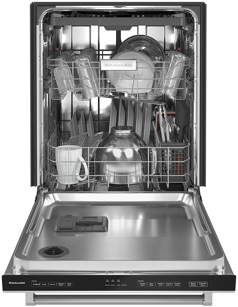 Stainless Steel KitchenAid Dishwasher with Dish Racks Full of Clean Dishes