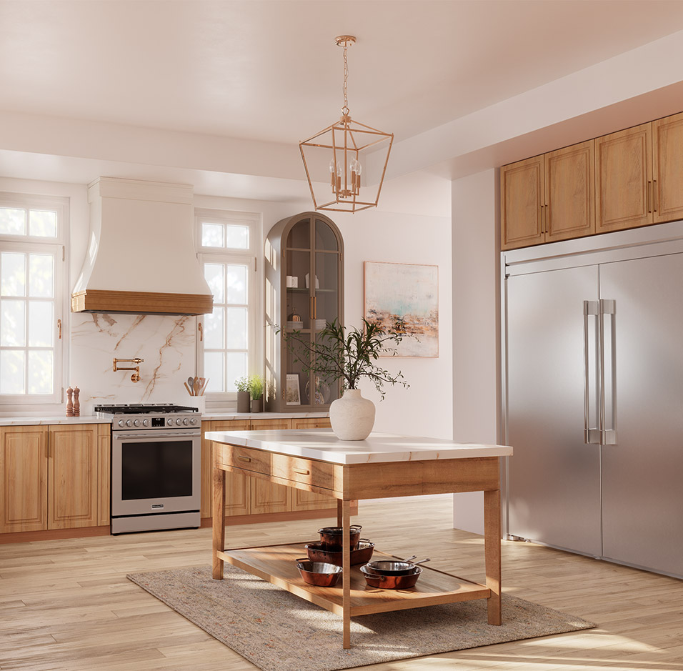 Elegant kitchen featuring wooden cabinetry,a sleek and modern kitchen island showcasing a frigidaire professional stainless steel range, rangegood and refrigerator