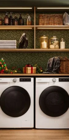 Samsung Laundry washer in a holiday decorated closet