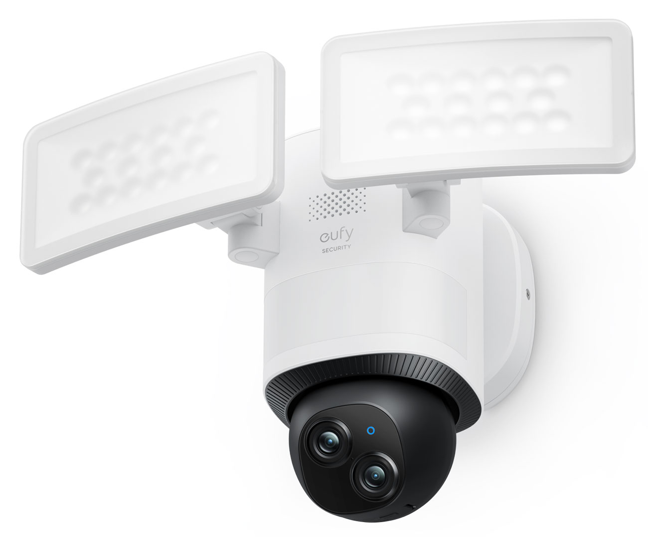 Dynamic view of the Eufy Security E340 Floodlight Camera in white finish