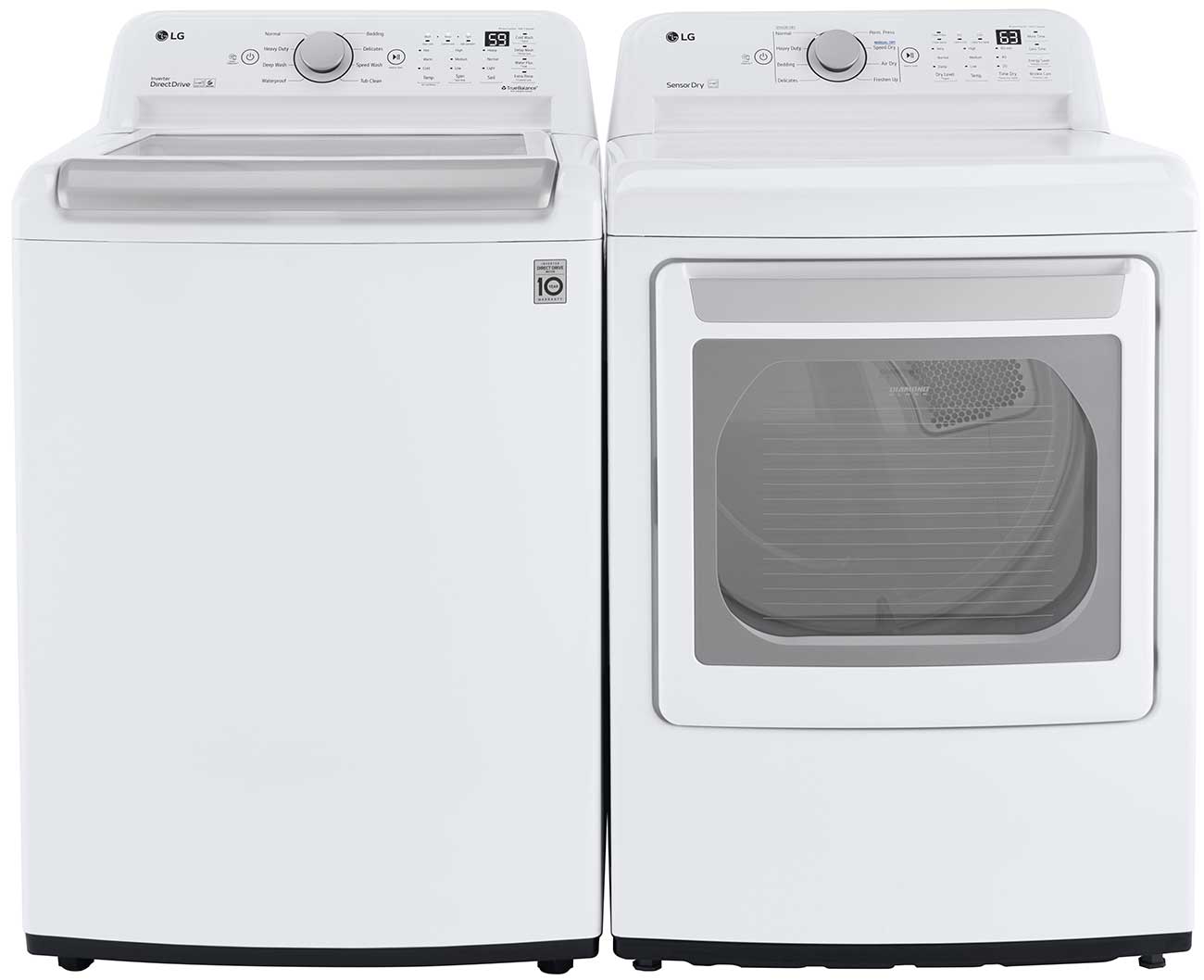 LG Dryer next to a LG 5 Cu. Ft. Top Load Washer WT7150CW
