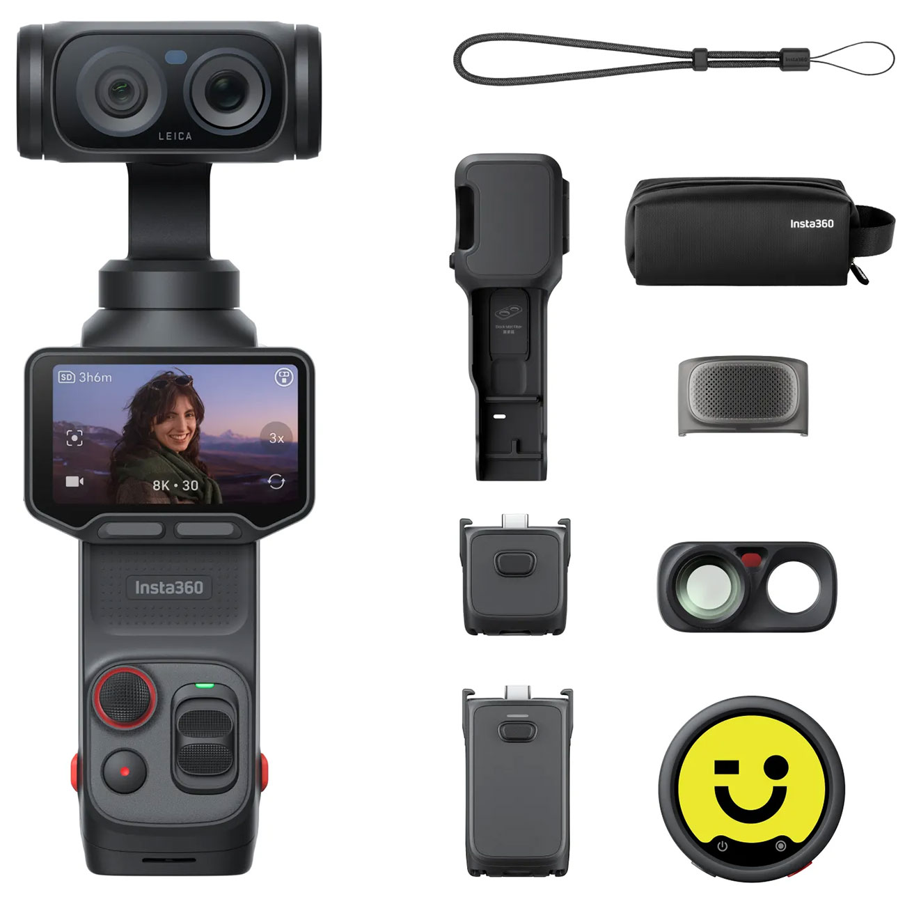 Front View of Insta360 Action Camera and Accessories