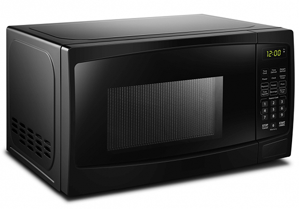 Right angle view of closed microwave.