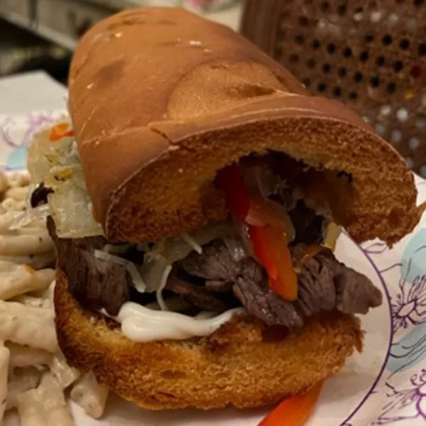 A close up of our grilled skirt steak sandwich recipe