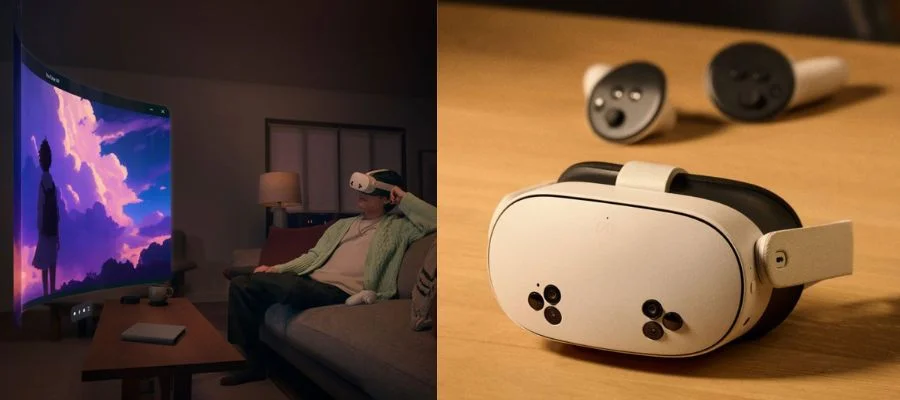 the meta quest 3s on a wood table on the left side and a person watching a show on the couch on the right