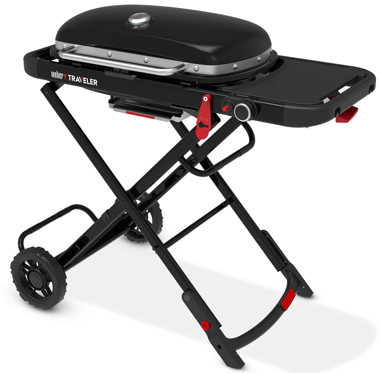 Angled left view of Weber Traveler Portable Liquid Propane Gas Grill in Black
