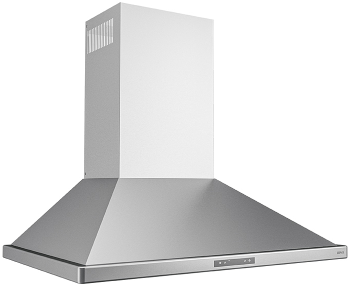 Left angle view of stainless steel wall hood