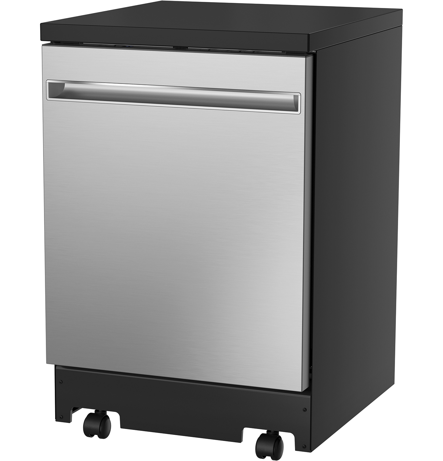 Left Side of a Portable Stainless Steel GE Dishwasher
