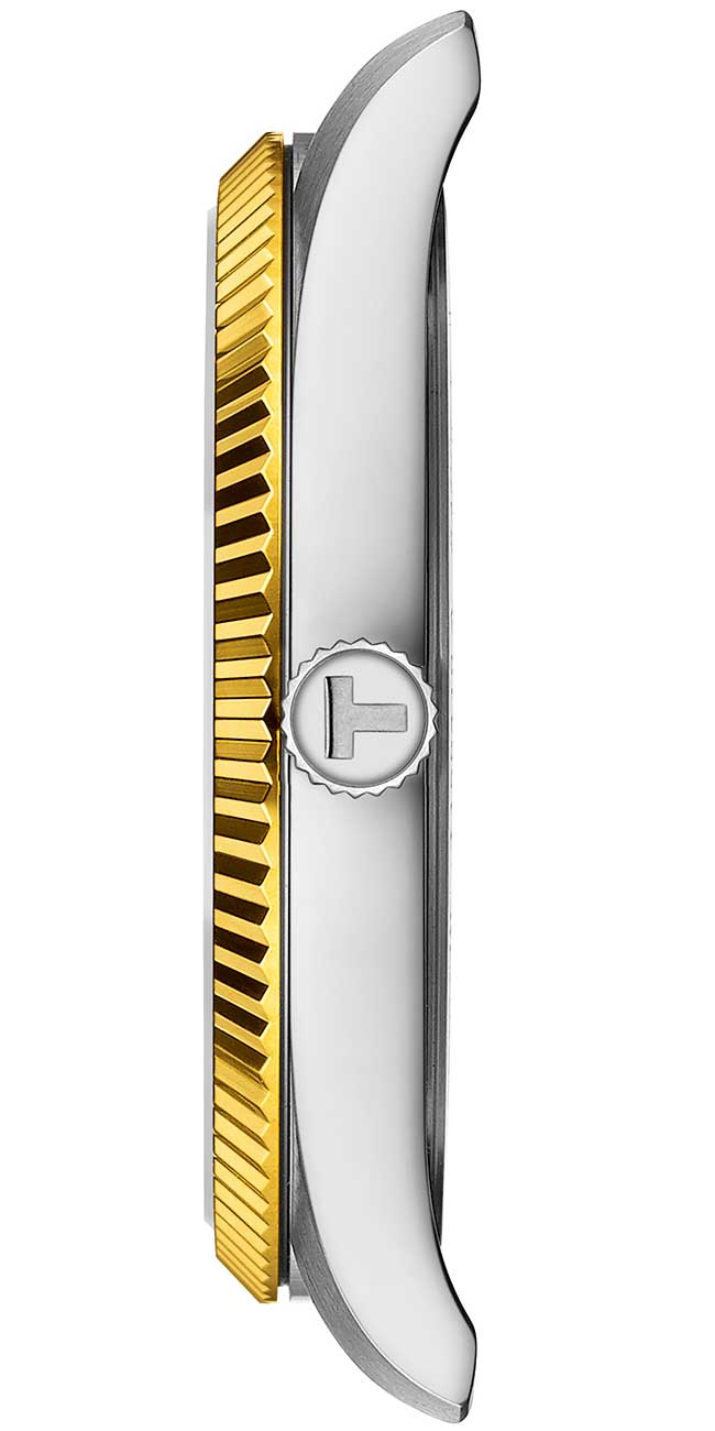 Side view off watch with silver dial