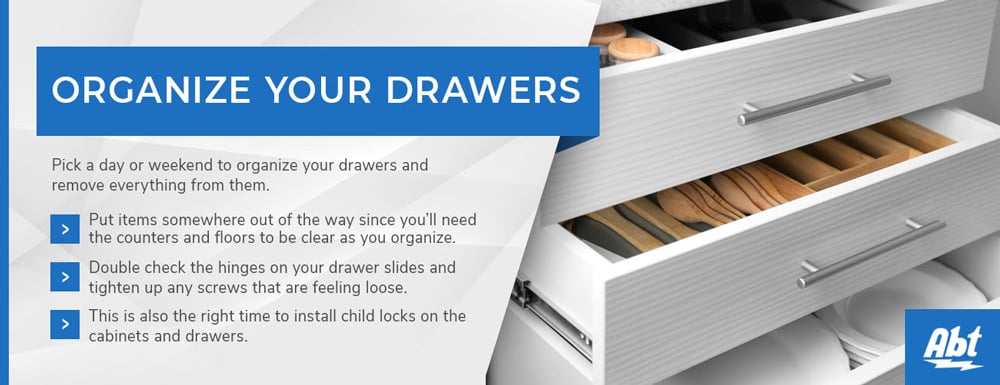 Drawer organization graphic in front of open drawers