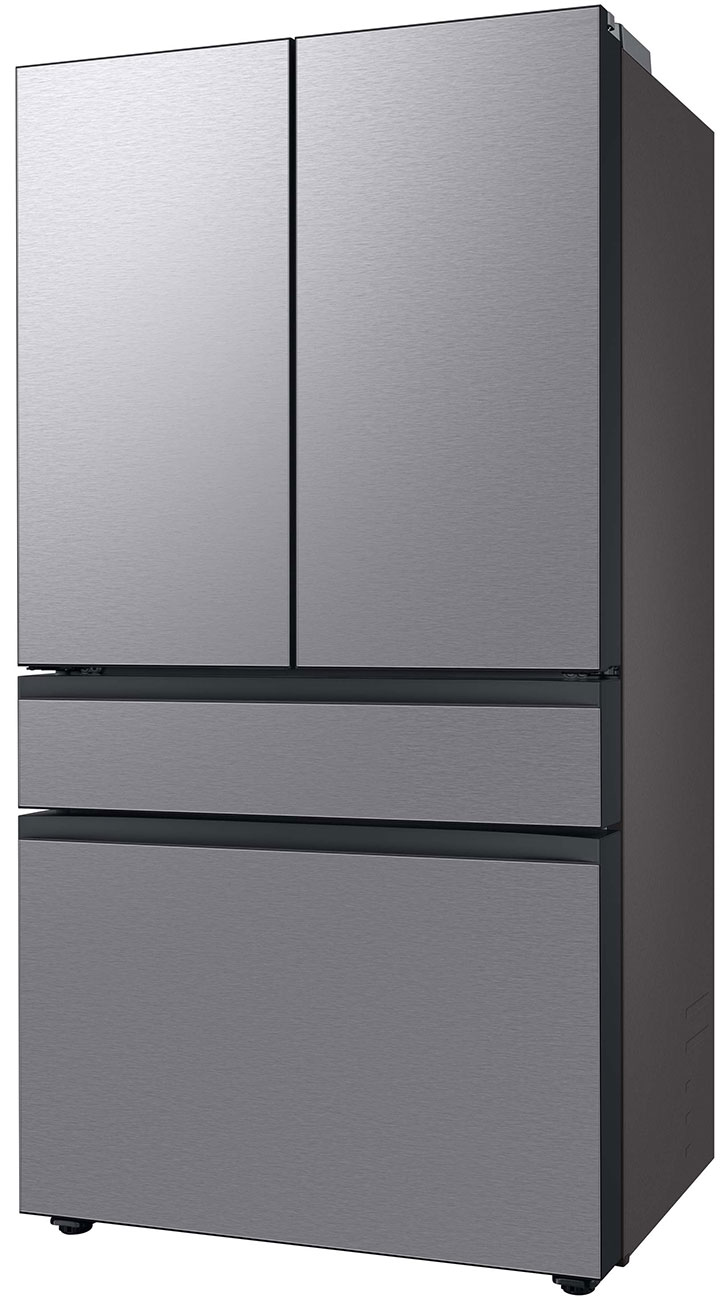 Right-angle view of closed refrigerator.