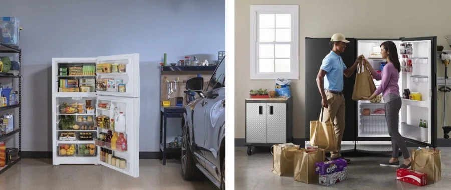 Two images: on the left, a white top freezer refrigerator open and filled with foods in a garage beside a car in a garage. On the right, two garage-ready refrigerators and a woman and man filling the refrigerator with groceries